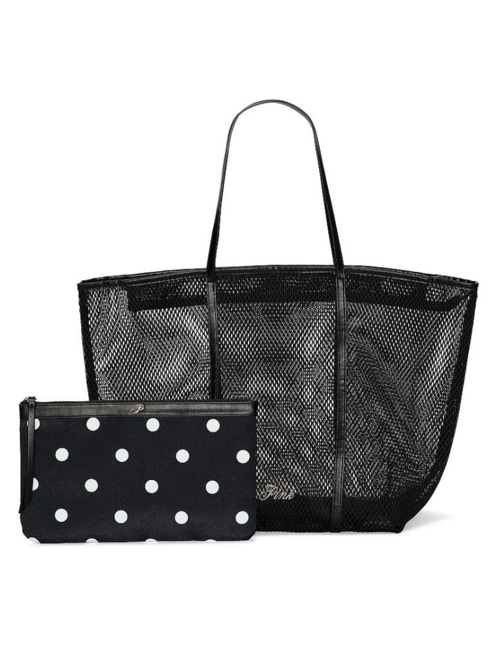 Victoria's Secret Black Mesh Tote with Black & White Polka Dot Pouch